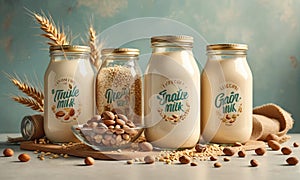 Four glass jars of milk are lined up on a table, with nuts in a bowl in front of them.