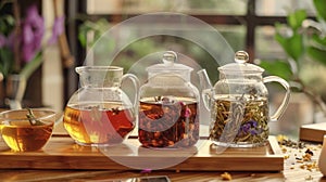 Four glass pitchers with different teas on a tray