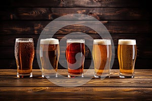Four glassed of beer on wooden background photo
