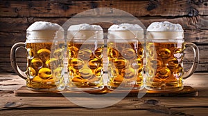 Four glasses of beer arranged on a rustic wooden background, perfect for a casual gathering. Ai Generated
