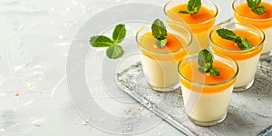 Four glasses of dessert with mint leaves