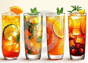 Four glasses of fruit iced tea lemonade orange and cranberry with slices of orange lemon.