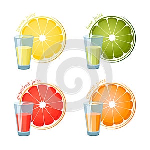 Four glasses of juice and a slice isolated on white backdround