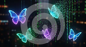 Digital Butterflies Flying Through Binary Code Matrix