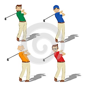 Four golf male players of different ages hitting ball