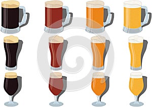 Four grades of beer in three types of glasses vector illustration