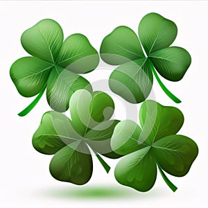 Four green four-leaf clovers on white isolated background, illustration. Green four-leaf clover symbol of St. Patrick\'