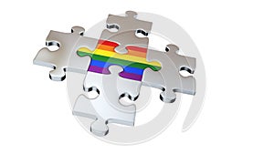 Four Grey Puzzle Pieces encircle One Rainbow Piece