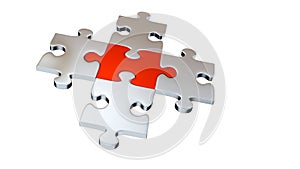 Four Grey Puzzle Pieces encircle One Red Piece photo