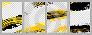 Four grungy background frames with abstract tire tracks and chess flags