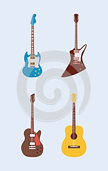 four guitars instruments musicals set icons