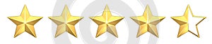 Four and a half gold stars customer icon for product rating review. 3d rendering of 4 and a half golden stars for