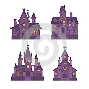 Four Halloween buildings flat illustration