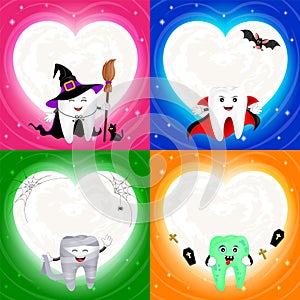 Four halloween cartoon tooth set with moon in heart shape.