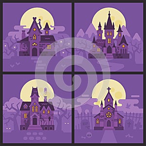 Four Halloween houses. Witch hut, Vampire castle, Haunted house and Graveyard chapel. Spooky Halloween backgrounds