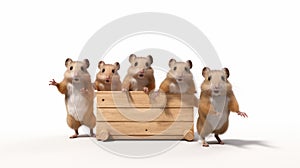 Four Hamsters Carrying Wooden Box: Octane Render With Relatable Personality