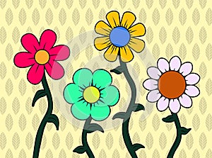 Four hand drawed flowers art deco style
