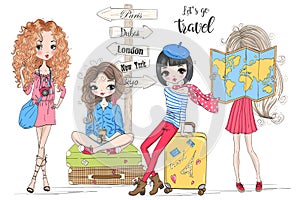 Four hand drawn beautiful cute travel girls with big suitcases.