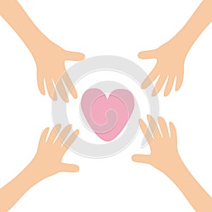 Four Hands arms reaching to big pink heart shape sign. Helping hand. Close up body part. Happy Valentines day. Greeting card. Flat