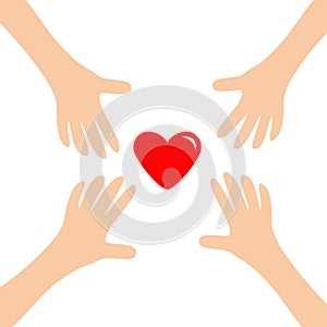 Four Hands arms reaching to red shining heart shape sign. Helping hand. Close up body part. Happy Valentines day. Greeting card. F