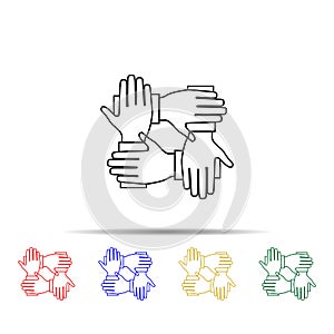 Four hands hold together multi color style icon. Simple thin line, outline vector of team work icons for ui and ux, website or