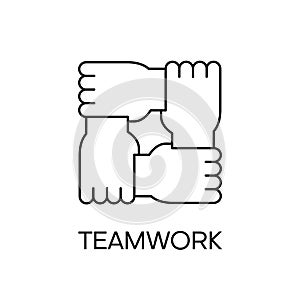 Four hands hold together for the wrist other. Symbol of team work, support, charity organization and donation community.