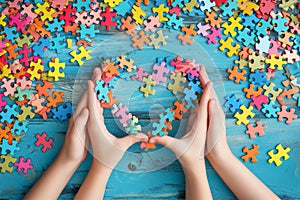 Four Hands Holding a Heart Made of Puzzle Pieces, Autism Day Awareness