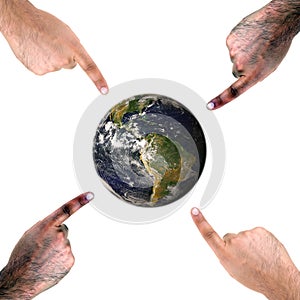 Four hands pointing to earth
