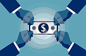 Four Hands reaching to cash paper money dollar sign symbol. Business and wealth concept.