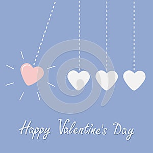 Four hanging hearts dash line. Perpetual motion. Happy Valentines Day. Love card. Rose quartz serenity color background.