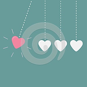 Four hanging hearts dash line. Perpetual motion. Love card