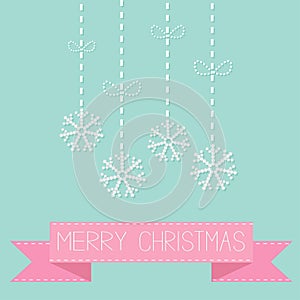 Four hanging snowflakes with dash line bows on blue Pink ribbon. Merry Christmas card. Flat design