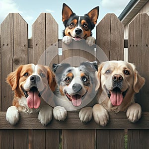 Four happy dogs of different breeds peeking over a wooden fence, showcasing their playful and friendly nature.