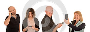 Four happy people with mobile phones, isolated