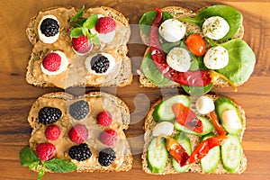 Four healthy open sandwiches for a picnic lunch