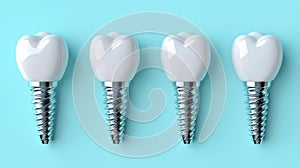 Four heart-shaped dental implants on a light blue surface.