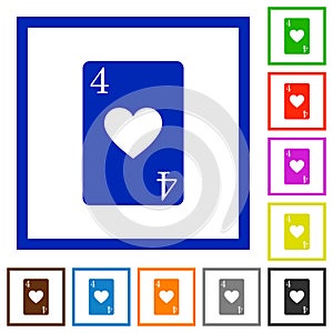 Four of hearts card flat framed icons