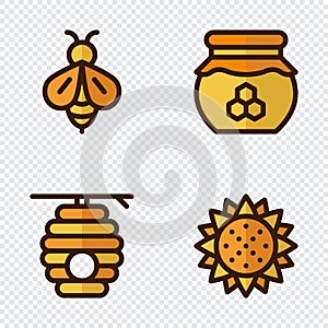 Four honey icons. Honey icons set. Bee set. Honey, bees, sunflower, beehive. Vector illustration