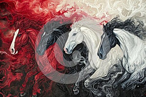 Four horses of the apocalypse - white, red, black and pale. Bible revelation. Generative AI