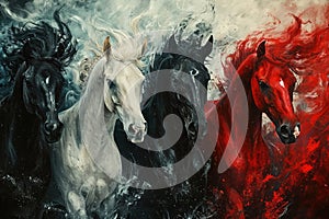 Four horses of the apocalypse - white, red, black and pale. Bible revelation. Generative AI