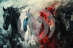 Four horses of the apocalypse - white, red, black and pale. Bible revelation. Generative AI