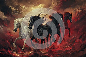 Four horses of the apocalypse - white, red, black and pale. Bible revelation. Generative AI