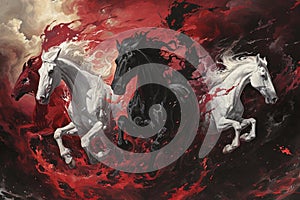 Four horses of the apocalypse - white, red, black and pale. Bible revelation. Generative AI