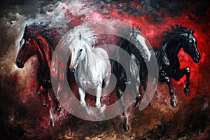 Four horses of the apocalypse - white, red, black and pale. Bible revelation. Generative AI