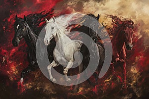 Four horses of the apocalypse - white, red, black and pale. Bible revelation. Generative AI