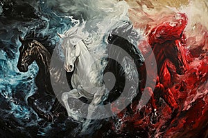 Four horses of the apocalypse - white, red, black and pale. Bible revelation. Generative AI