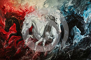 Four horses of the apocalypse - white, red, black and pale. Bible revelation. Generative AI