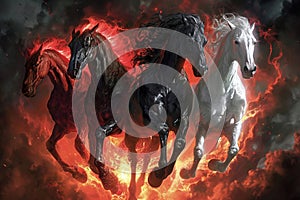 Four horses of the apocalypse - white, red, black and pale. Bible revelation. Generative AI