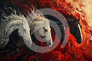 Four horses of the apocalypse - white, red, black and pale. Bible revelation. Generative AI