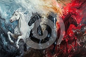 Four horses of the apocalypse - white, red, black and pale. Bible revelation. Generative AI